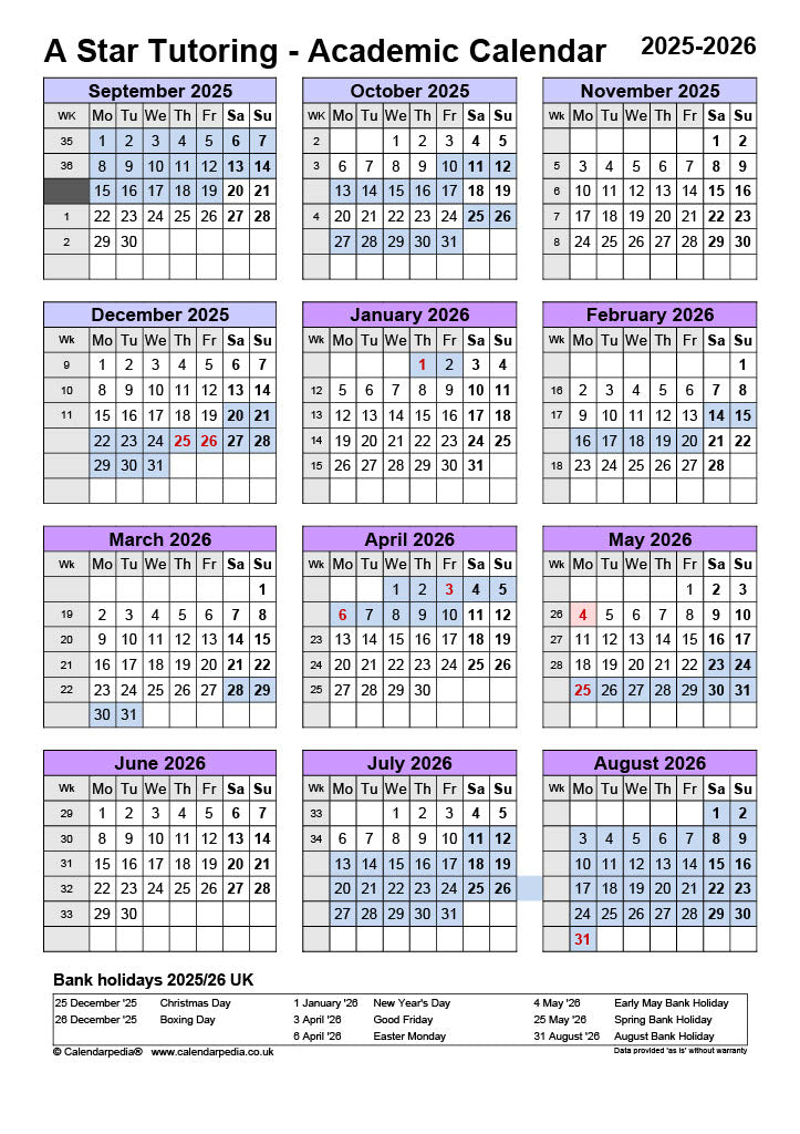 11+ Academic Calendar 2025-26 – A Star Tutoring 11+ academic calendar 2025-26 – a star tutoring